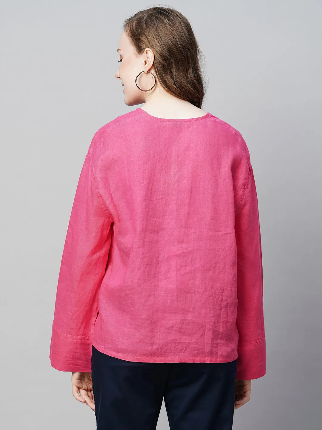 Women's Pink Linen Regular Fit Blouse