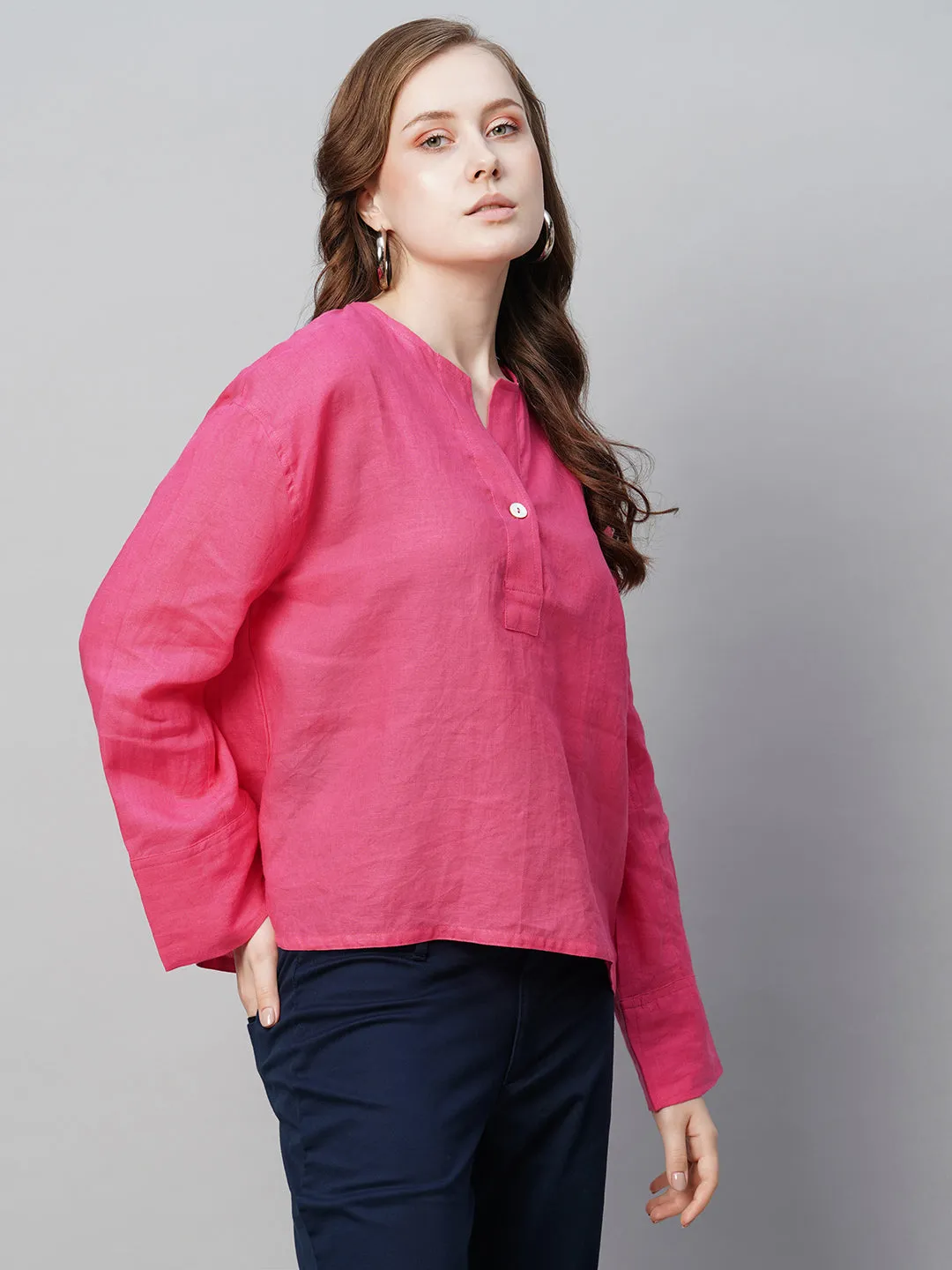 Women's Pink Linen Regular Fit Blouse