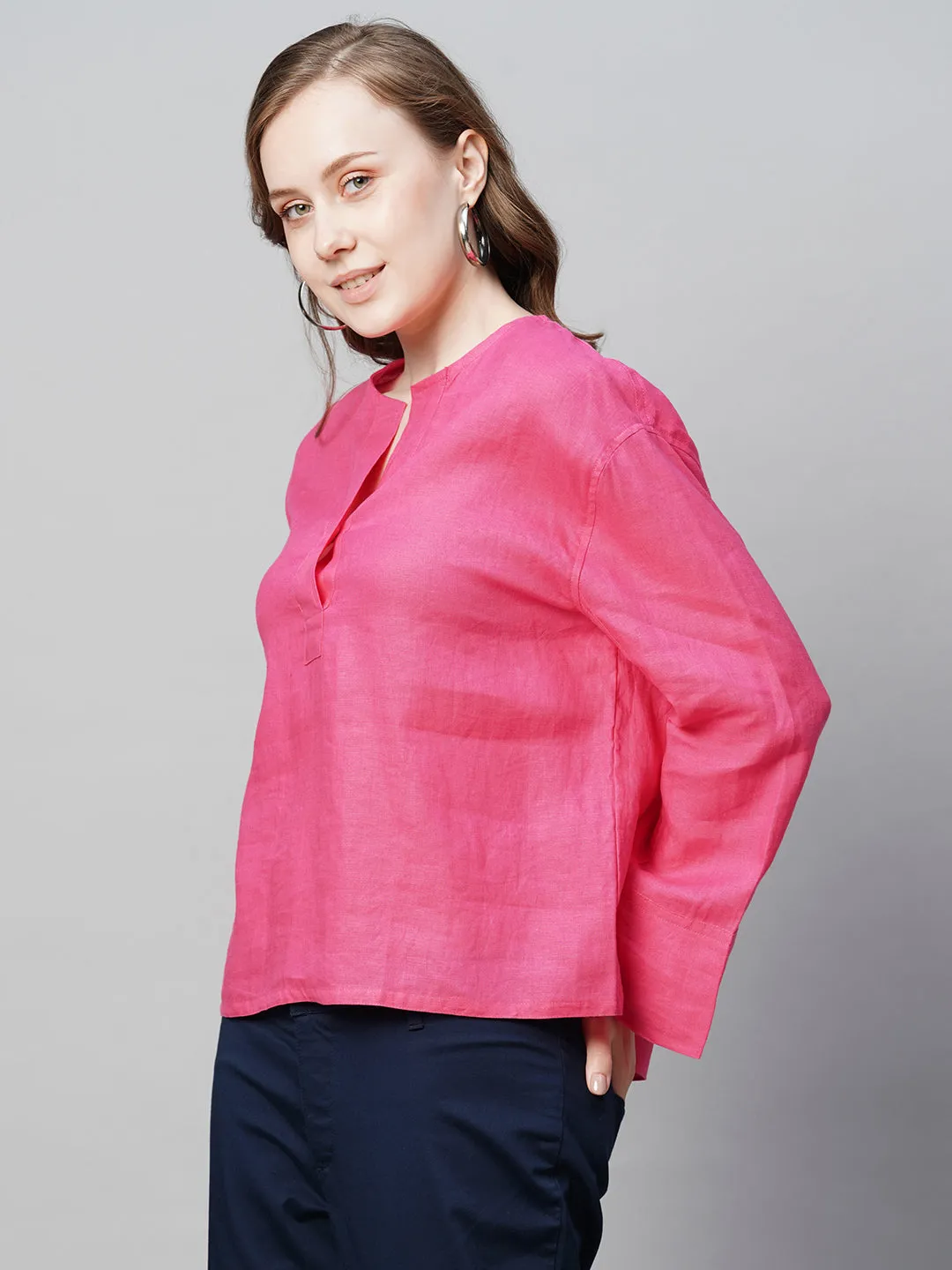 Women's Pink Linen Regular Fit Blouse